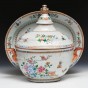 Ribbed body famille rose soup tureen and stand